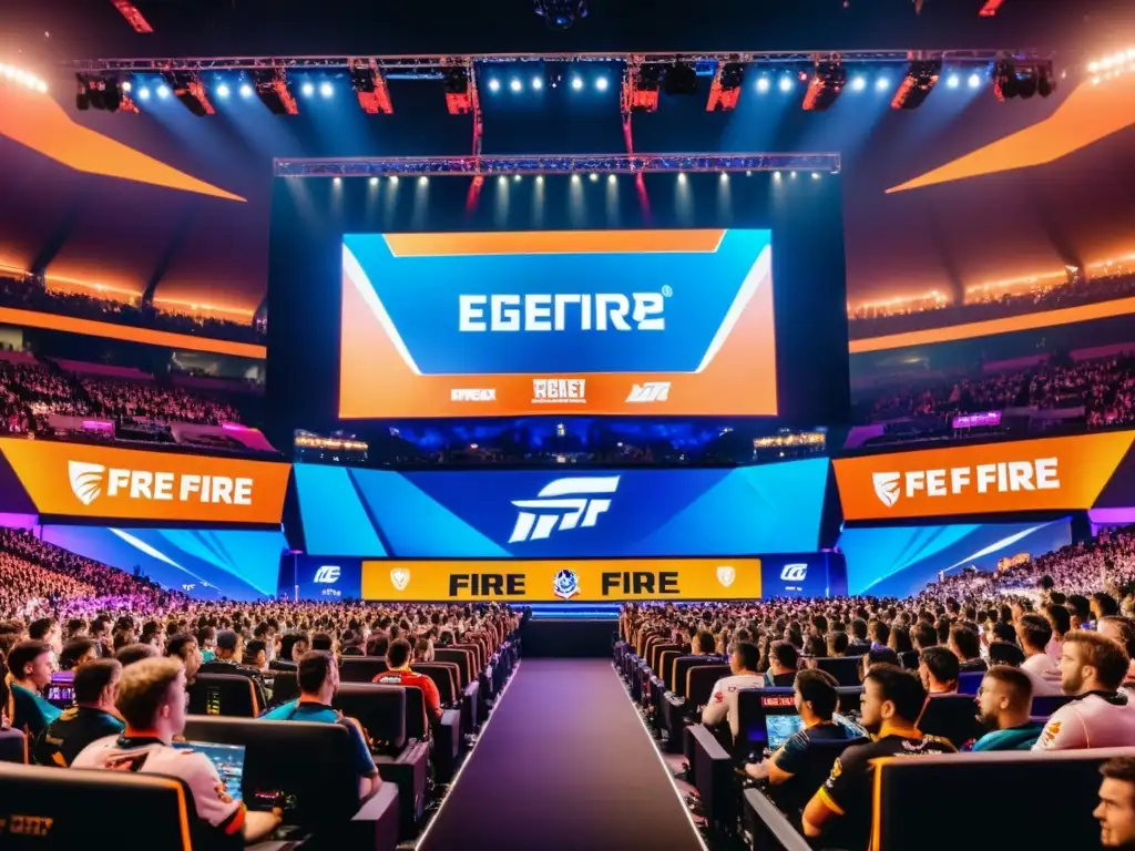 Espectáculo vibrante: Arena de eSports llena de emoción Una arena de esports llena con jugadores profesionales de Free Fire, capturando la emoción y la energía de la competencia a nivel profesional