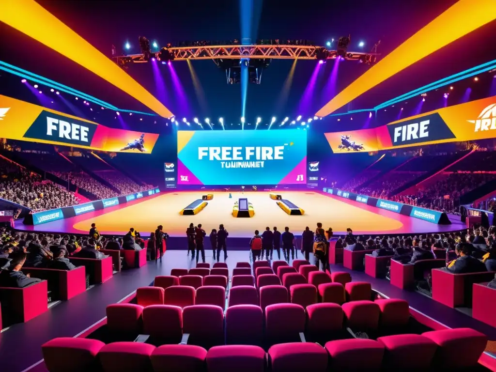 Torneo de Free Fire: Intensa acción y emoción en la arena Una arena de torneo de Free Fire llena de acción intensa y emocionante