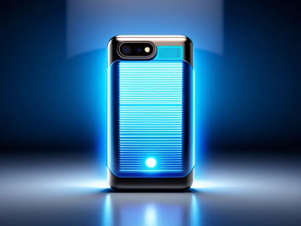 Batería de smartphone ultradetallada: energía azul vibrante Una batería de smartphone moderna con patrones de circuitos visibles a través de la carcasa translúcida, rodeada de energía azul vibrante