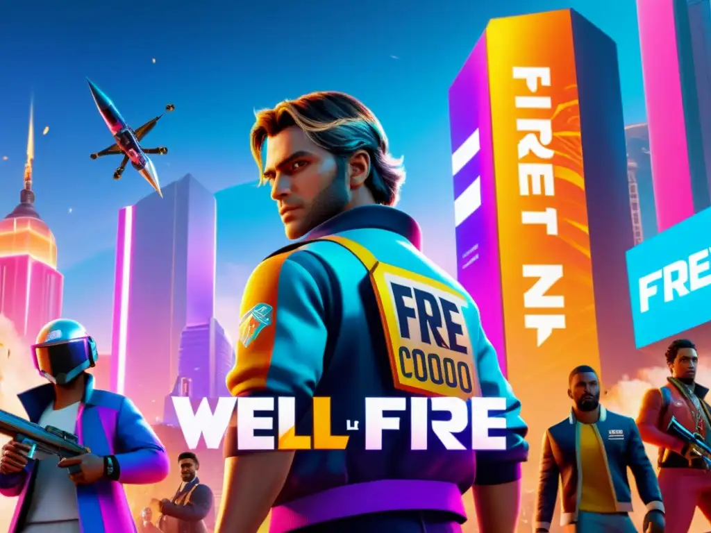 Colaboración futurista de Free Fire: personaje con marca Colaboraciones creativas marcas Free Fire: Personaje en ciudad futurista con armamento personalizado y anuncios holográficos