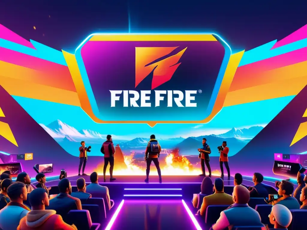 Evento de Free Fire: Colaboración Marca y Juego Colaboraciones creativas marcas Free Fire: Evento futurista con marca popular, escenario tecnológico y entusiasta audiencia virtual