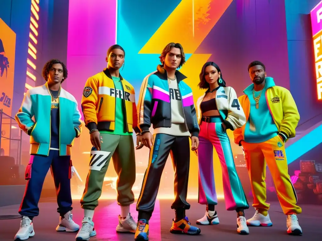Colaboración explosiva: Free Fire x Nike x Adidas x Gucci en la ciudad Colaboraciones creativas marcas Free Fire: Personajes del juego vistiendo marcas de moda en un entorno urbano vibrante y futurista