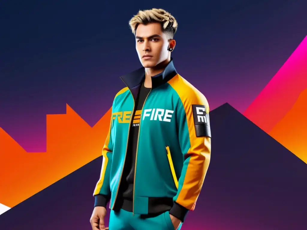 Chaqueta de Realidad Aumentada Free Fire: Futurista y Vanguardista Colaboraciones creativas marcas Free Fire: Jacket de realidad aumentada con logo del juego, llevado por jugador de esports en entorno urbano futurista