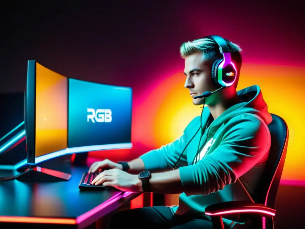 Elevada concentración en el juego Free Fire Una configuración de gaming futurista con PC, monitor ultrapanorámico y silla premium