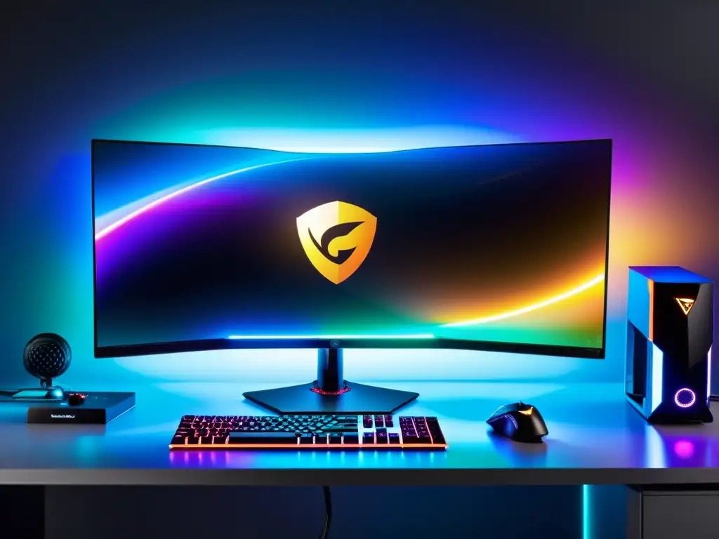 Potente setup gamer con tarjeta gráfica destacada Una configuración de juego moderna y elegante con una potente tarjeta gráfica en el centro
