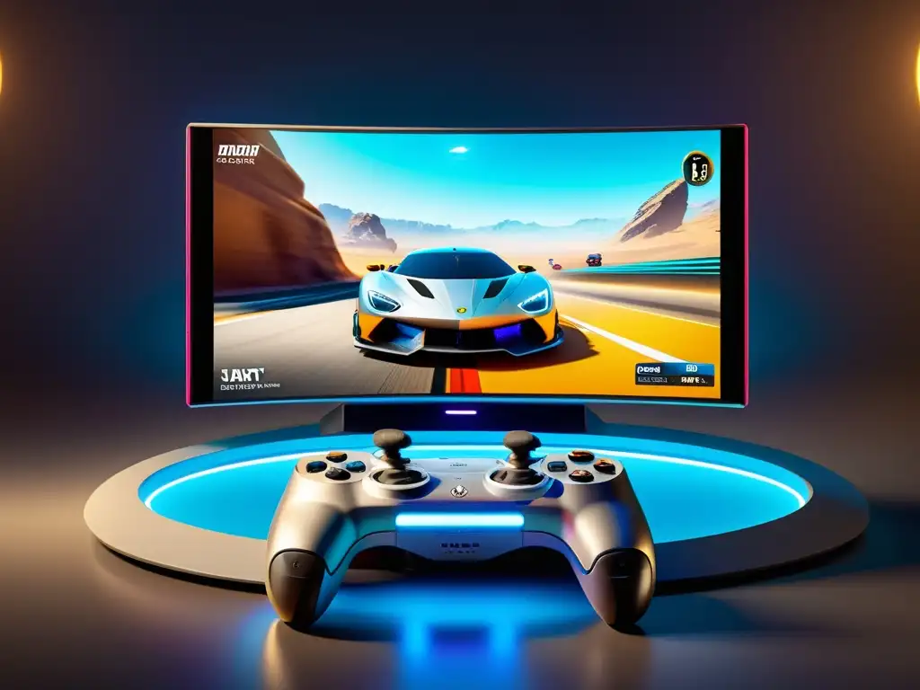 Consola de Juegos Futurista con Publicidad Nativa Integrada Consola de gaming futurista con publicidad nativa integrada en el juego, creando una experiencia inmersiva