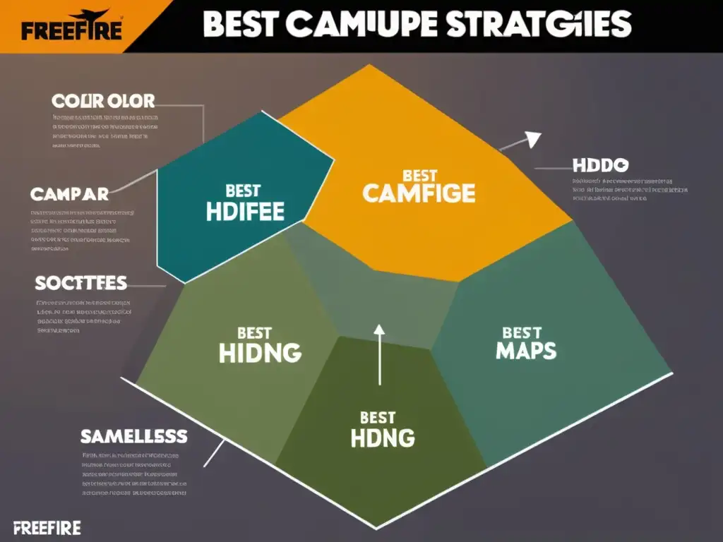 Infografía de Camuflaje en FreeFire: Estrategias y Consejos Infografía detallada de las mejores estrategias de camuflaje en FreeFire, con ejemplos visuales de escondites efectivos y paletas de colores para diferentes entornos