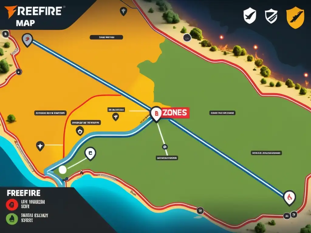 Mapa detallado de FreeFire con puntos estratégicos resaltados Un detallado mapa de FreeFire con puntos estratégicos resaltados en colores, indicando rutas seguras y zonas de valor