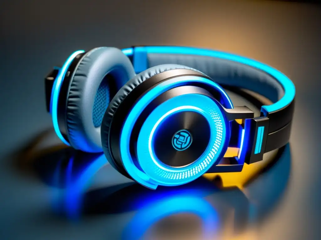 Auriculares gaming con micrófono ajustable y luces LED en azul futurista Detalle de auriculares gaming con micrófono ajustable, almohadillas acolchadas y diseño futurista