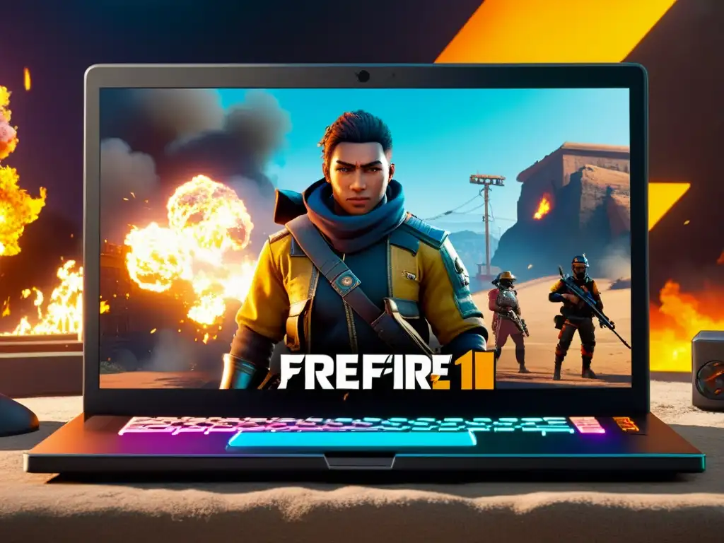 Detalle impresionante del Motor Gráfico FreeFire en acción, mostrando efectos visuales explosivos y modelos de personajes realistas