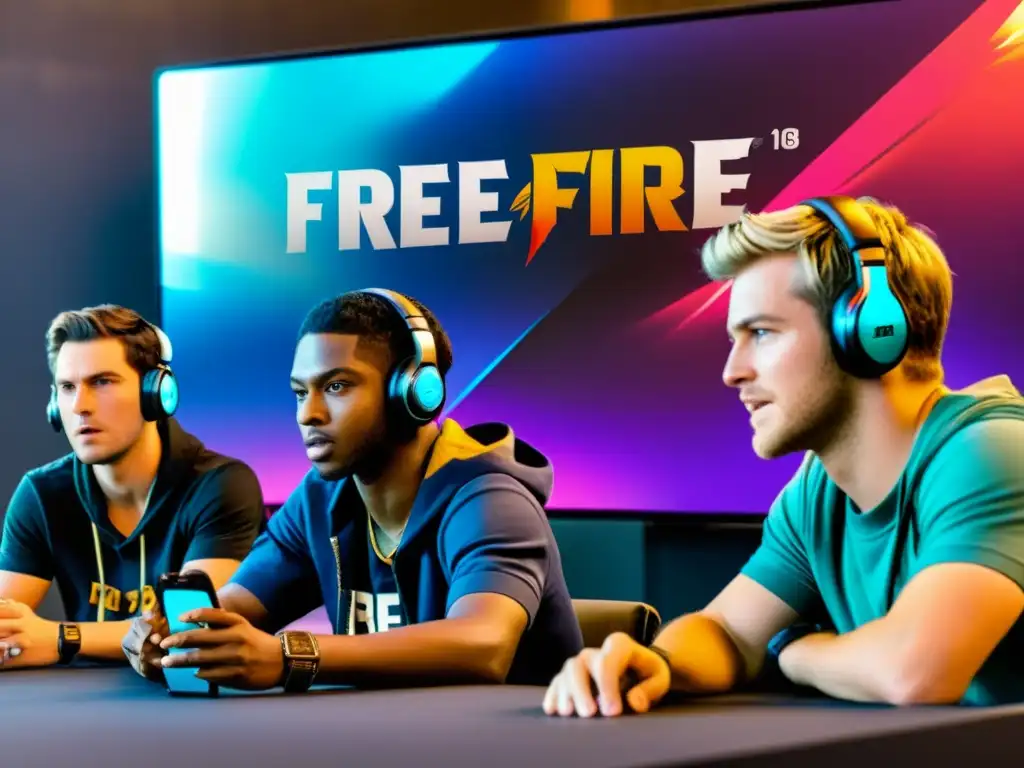 Un emocionante grupo de jugadores de Free Fire reaccionando a la actualización del juego con intensa concentración y entusiasmo