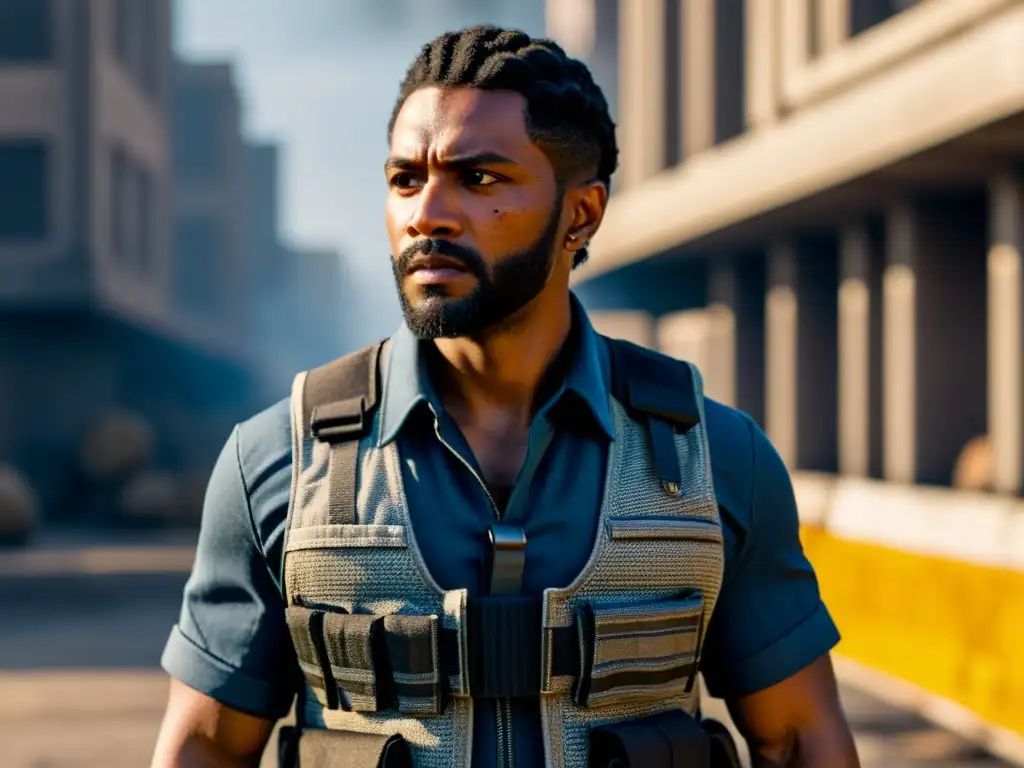 Chaleco antibalas de Free Fire: preparación para el combate Enfocado personaje de Free Fire con chaleco antibalas detallado, en escenario urbano