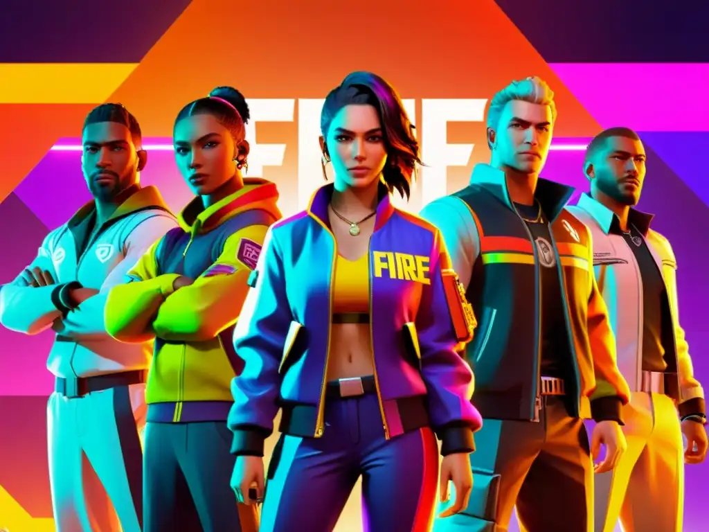 Un equipo diverso de jugadores de Free Fire unidos en un ambiente virtual, mostrando deportividad y trabajo en equipo