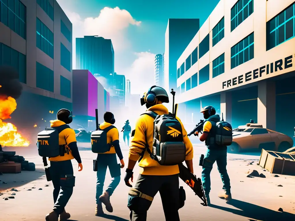 Equipo de eSports de FreeFire en paisaje urbano postapocalíptico Equipo FreeFire maximiza eficiencia gestión recursos en vibrante paisaje urbano postapocalíptico