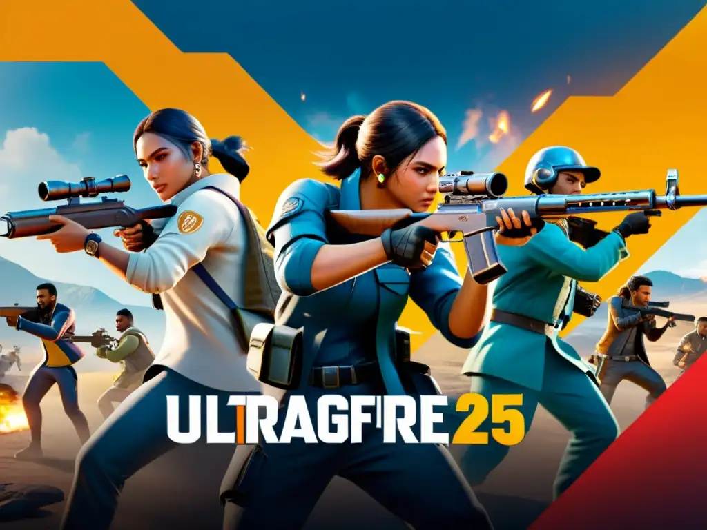 Combate estratégico en Free Fire: ¡Inmersión total en un paisaje futurista! Equipo en entrenamiento avanzado Free Fire IA, estrategia y paisaje futurista detallado