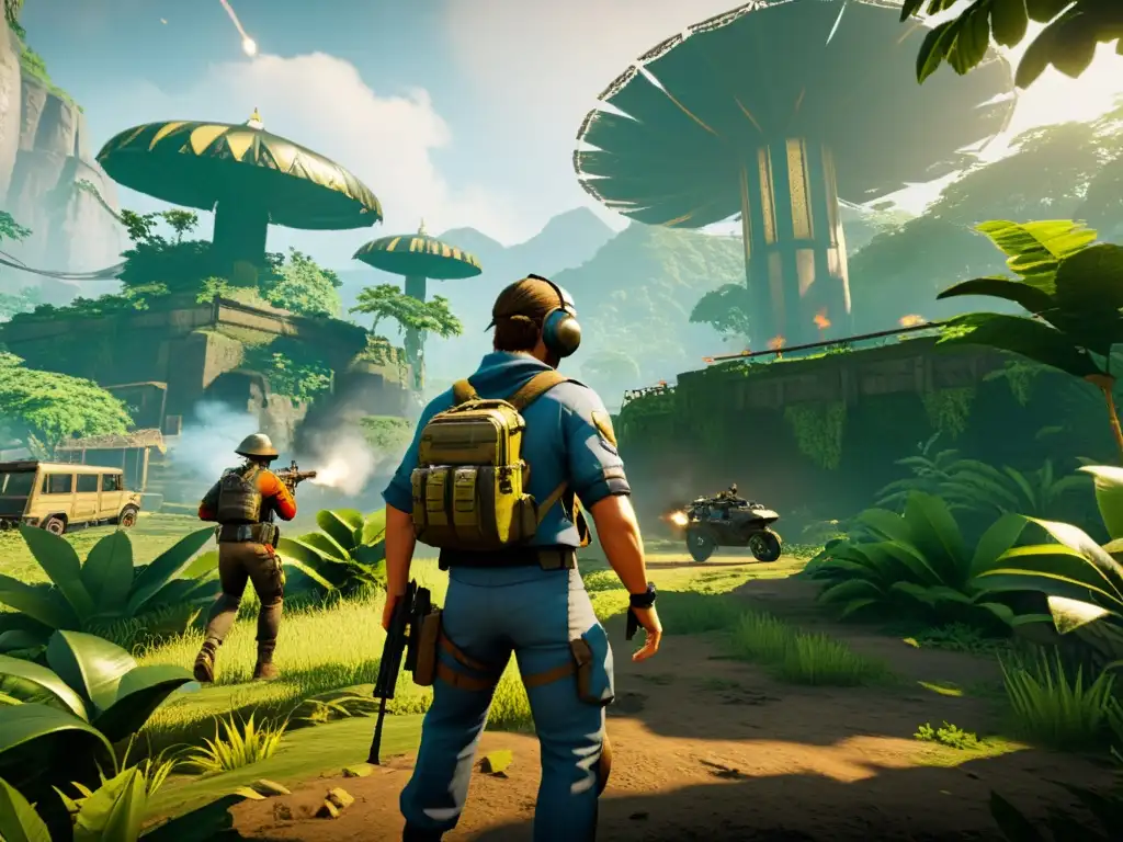 Escape en la jungla: estrategia y sigilo en FreeFire Equipo en FreeFire usando estrategias seguras en la densa jungla, evitando ser detectados por enemigos