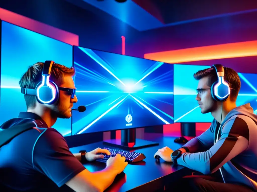 Equipo de gamers profesionales en un entorno futurista de Free Fire Equipo de gamers profesionales con headsets futuristas y pantallas high-tech, concentrados en el Entrenamiento avanzado Free Fire IA