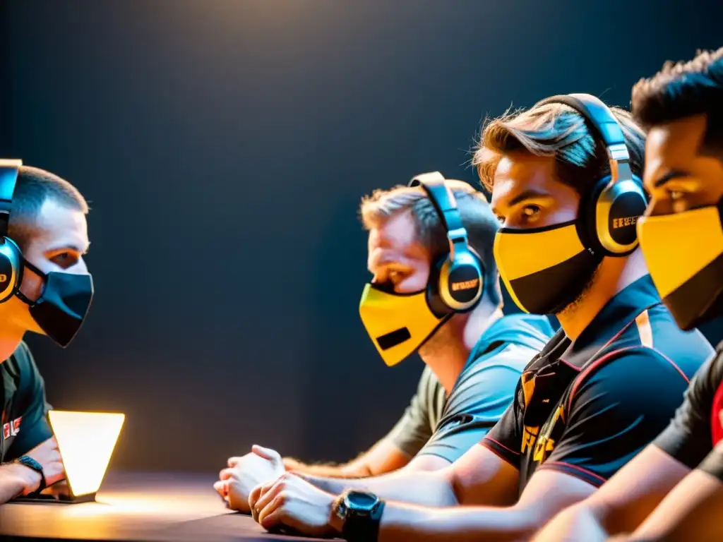 Jugadores de FreeFire planean estrategias en la penumbra Un equipo de jugadores de FreeFire agazapados en las sombras, planeando estrategias y engaños en un ambiente tenso