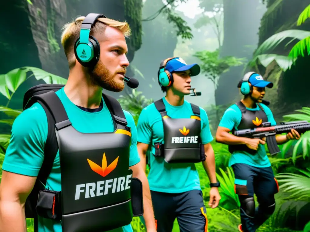 Equipo de FreeFire navegando estratégicamente en la jungla Un equipo de jugadores de FreeFire maximiza eficiencia en la gestión de recursos mientras navegan estratégicamente por una densa jungla, comunicándose y coordinando movimientos con enfoque y determinación