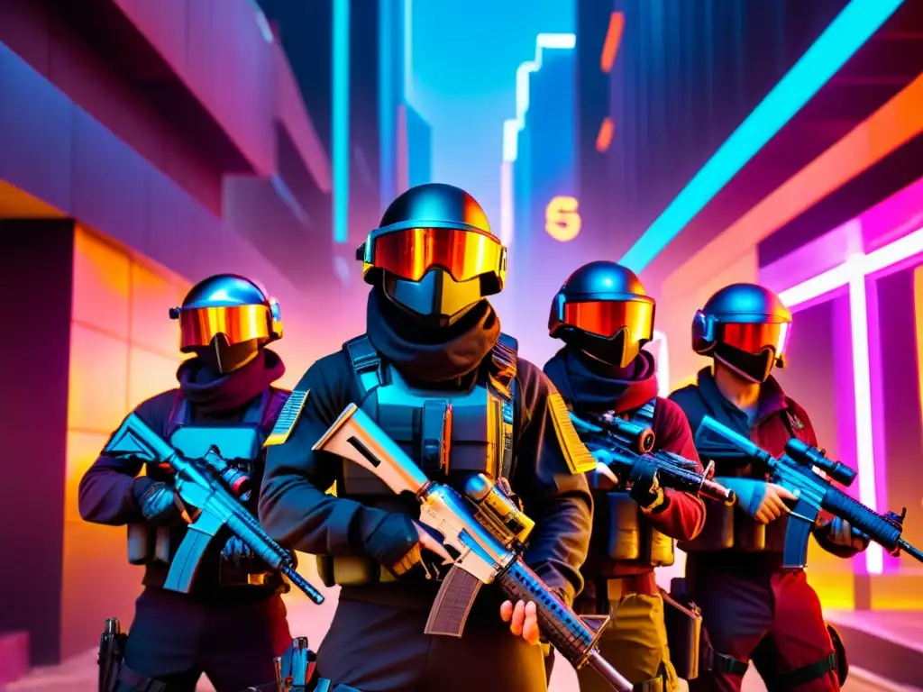 Un equipo de jugadores de FreeFire, con equipamiento táctico y armas avanzadas, se prepara detrás de coberturas en un escenario urbano futurista