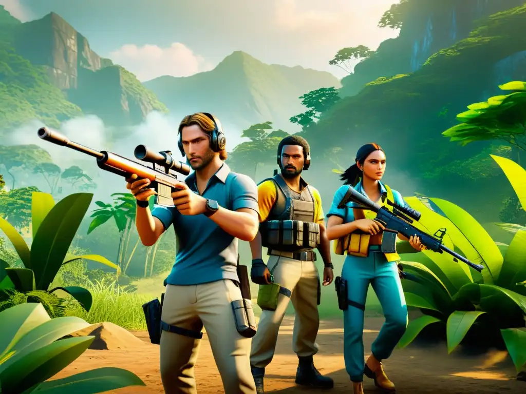 Equipo de jugadores de Free Fire en la jungla, preparándose para una intensa batalla