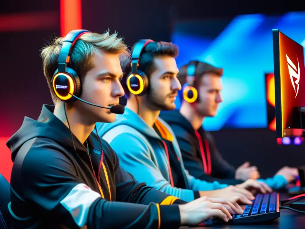 Equipo de eSports de FreeFire en plena estrategia Un equipo de cinco jugadores profesionales de FreeFire eSports se reúnen en intensa concentración, liderados por un líder seguro