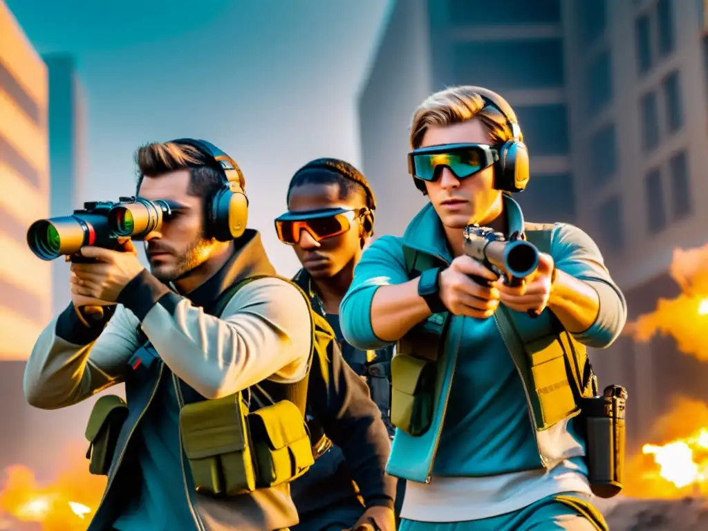 Equipo táctico en acción: búsqueda estratégica en entorno urbano Un equipo de jugadores profesionales de Free Fire busca localización armas actualizadas