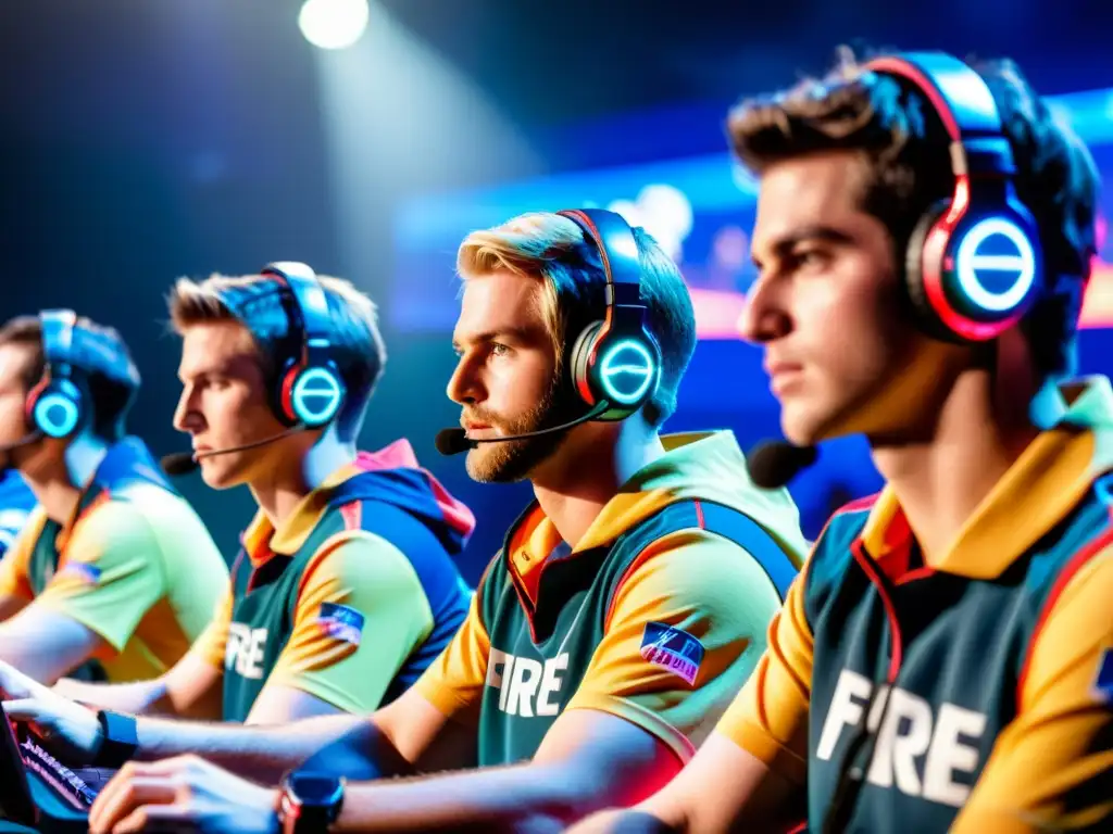 Equipo profesional de Free Fire compitiendo en torneo Un equipo de jugadores profesionales de Free Fire compite en un torneo, concentración e intensidad en sus rostros