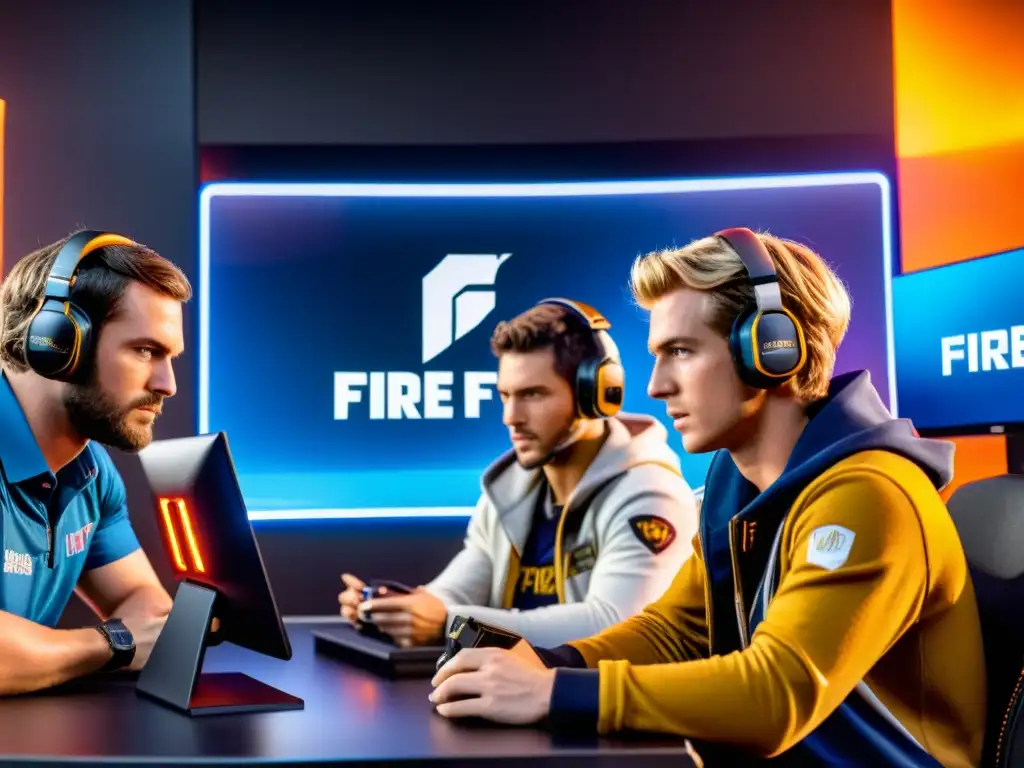 Un equipo de jugadores de Free Fire administra recursos con intensa concentración, demostrando una eficaz administración de recursos en Free Fire