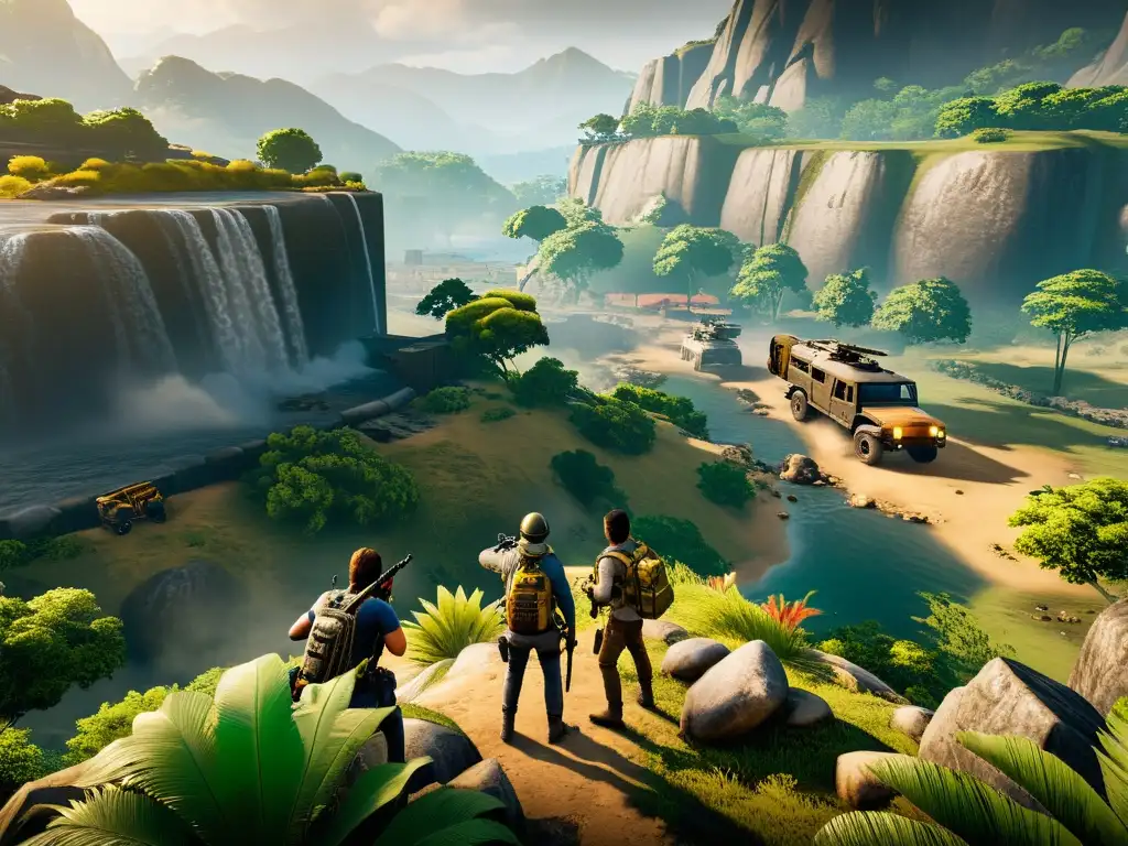 Un equipo de jugadores de Free Fire aterriza en una zona aislada del mapa, buscando armas y suministros con cautela y determinación