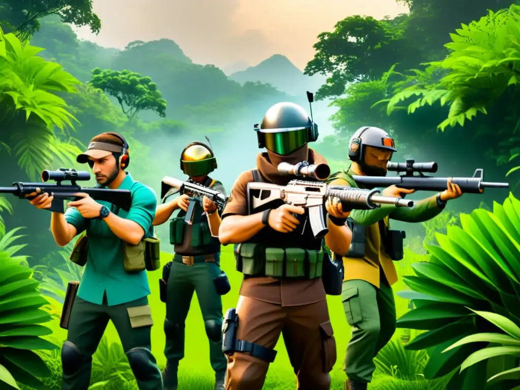 Equipo de jugadores de FreeFire camuflados en la selva Equipo de FreeFire en la jungla, expertos en camuflaje y estrategias