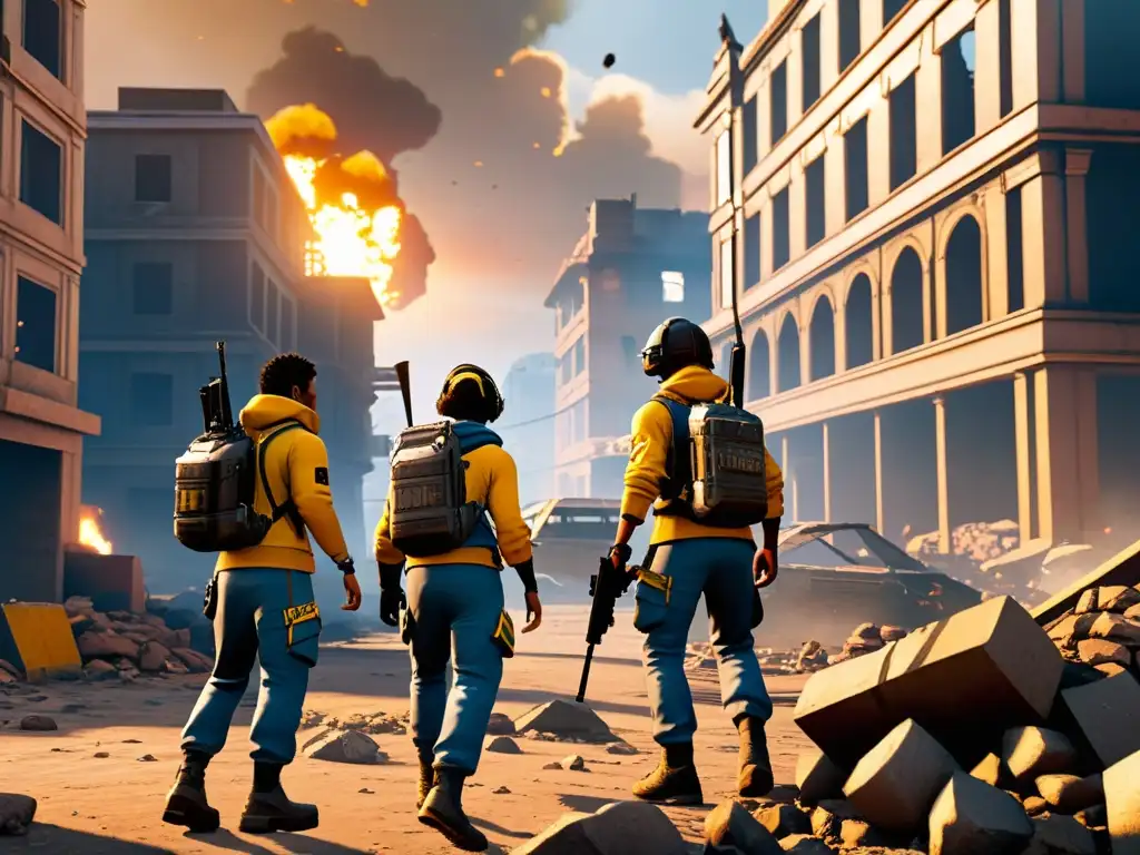 Explorando Ruinas al Atardecer en busca de Armas - Free Fire Equipo de Free Fire busca localización armas actualizadas en paisaje urbano abandonado al atardecer, con determinación y anticipación