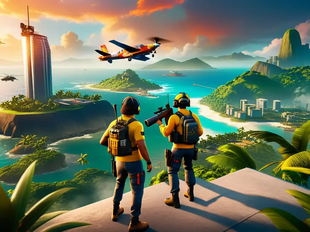 Equipo táctico en la isla tropical de Free Fire, con vegetación exuberante y rascacielos al fondo