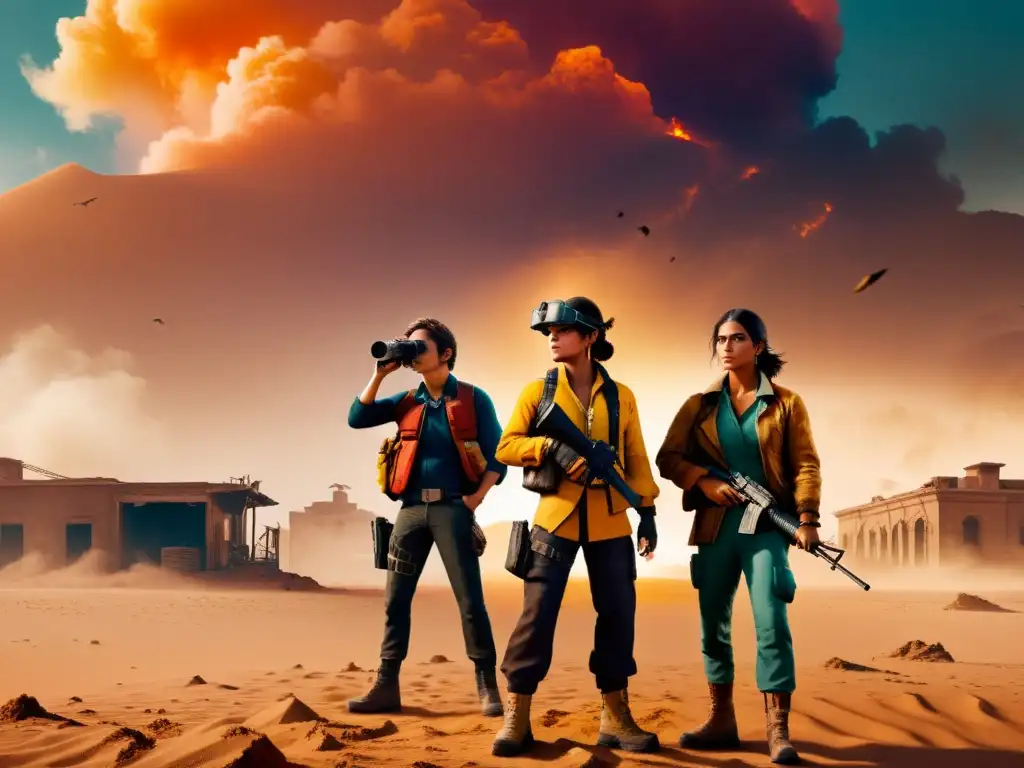 Equipo de Free Fire enfrenta tormenta de arena en la batalla Equipo de Free Fire lucha en tormenta de arena en Kalahari, mostrando determinación y supervivencia