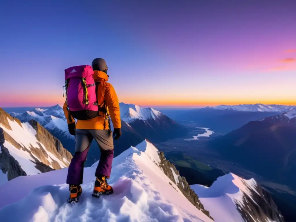 Triunfo al amanecer: escalador conquista cumbre nevada Un escalador conquista la cumbre de una imponente montaña al amanecer, en una escena de triunfo y asombro