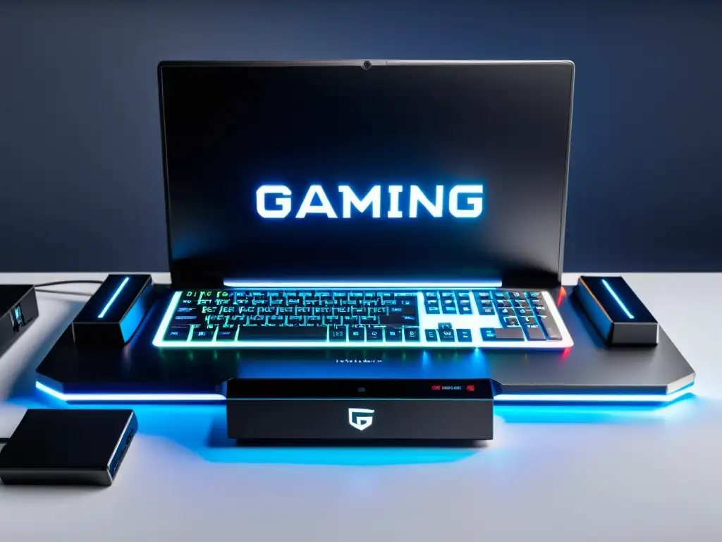 Escena futurista de gaming con cargadores y baterías de alta gama Escena futurista de setup gaming con laptop y cargadores para gaming