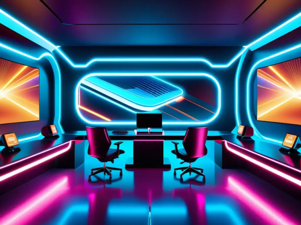 Entorno futurista de videojuegos con publicidad integrada Escenario futurista de gaming con publicidad nativa integrada, superficies metálicas y luces neón