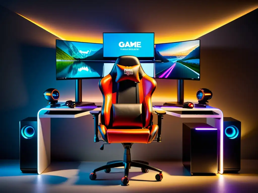 Setup de Juegos de Alta Tecnología con Publicidad Integrada Escenario de juego moderno con integración de publicidad nativa en gaming, destacando sofisticación y tecnología avanzada