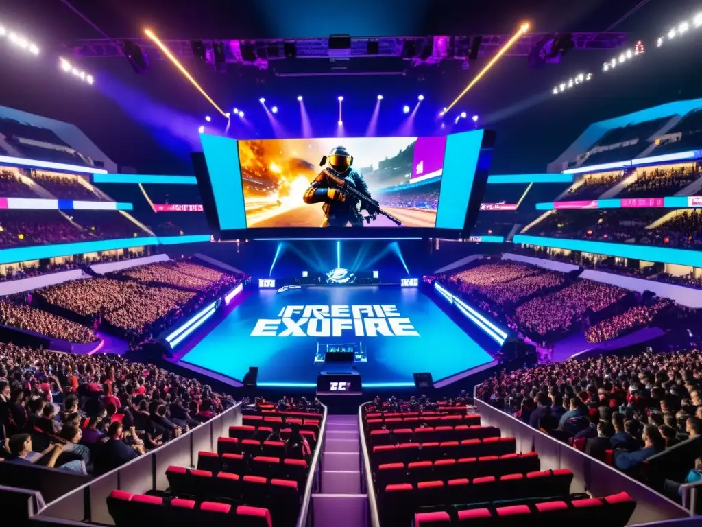 Estadio lleno de fans vibrantes en torneo de Free Fire Estadio lleno de fans entusiastas de esports, con torneo de Free Fire en pantalla gigante