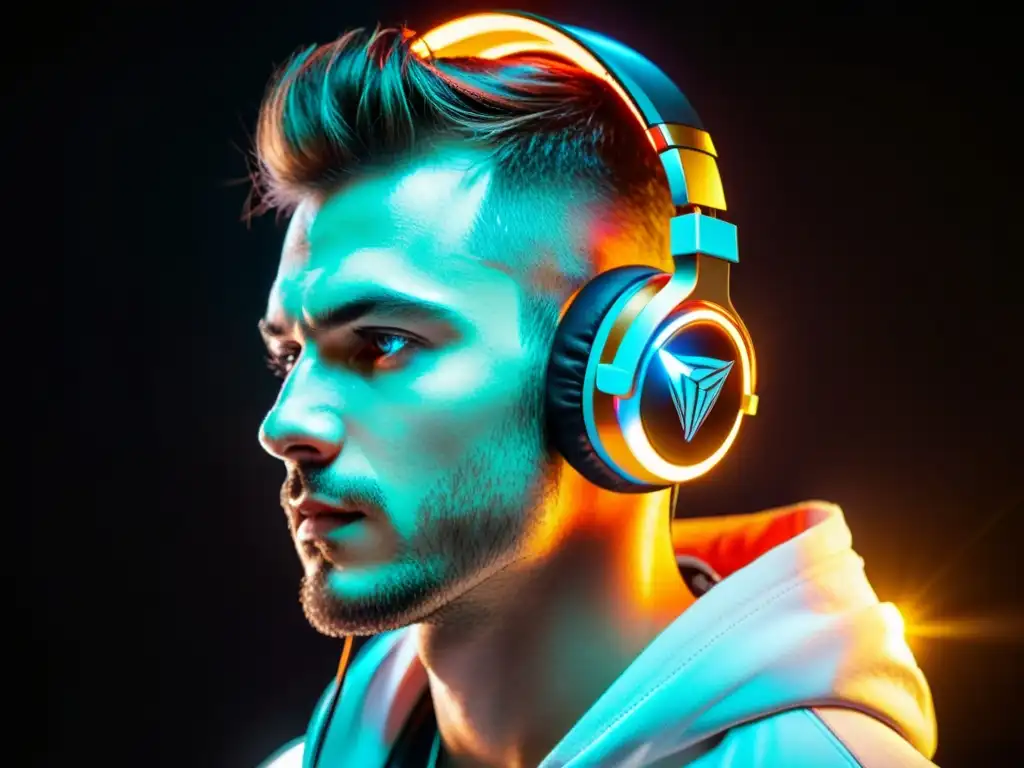Auriculares gaming de alta gama en acción Un gamer concentrado usa auriculares gaming con luces LED, diseño futurista y tecnología de vanguardia en FreeFire