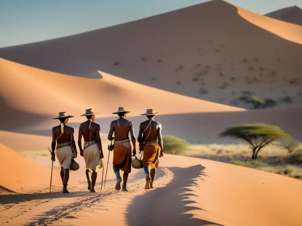 Exploración experta de San bushmen en el Desierto del Kalahari Un grupo de bosquimanos San rastreando antílopes en el árido desierto del Kalahari, demostrando sus consejos para sobrevivir en Kalahari