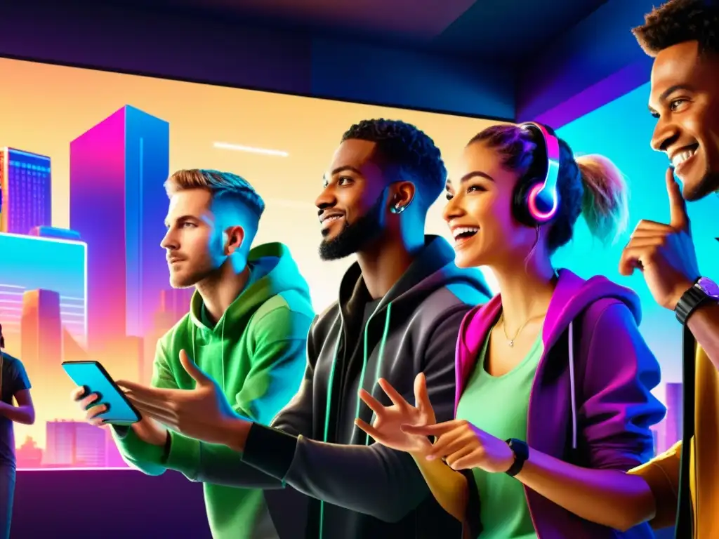 Equipo de gamers diverso y vibrante en pantalla futurista Un grupo diverso de gamers se reúne alrededor de una pantalla brillante, mostrando emoción y trabajo en equipo