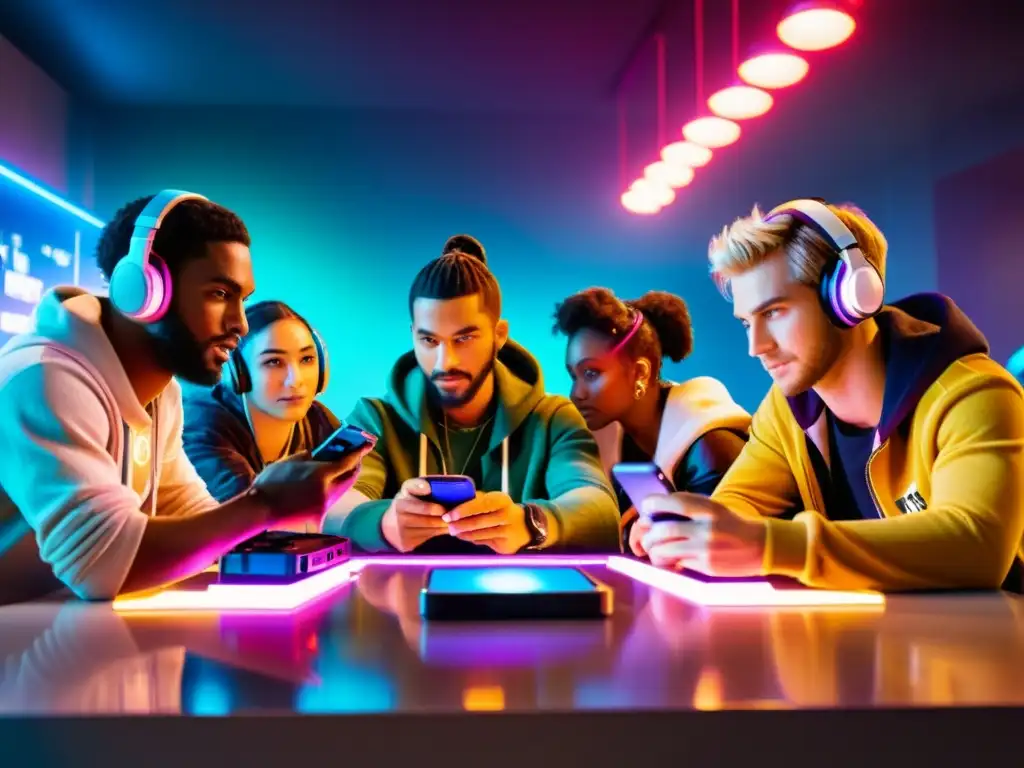 Apasionadas discusiones de jugadores de Free Fire en alta resolución Un grupo diverso de jugadores de Free Fire se reúne en torno a una mesa, discutiendo las actualizaciones del juego