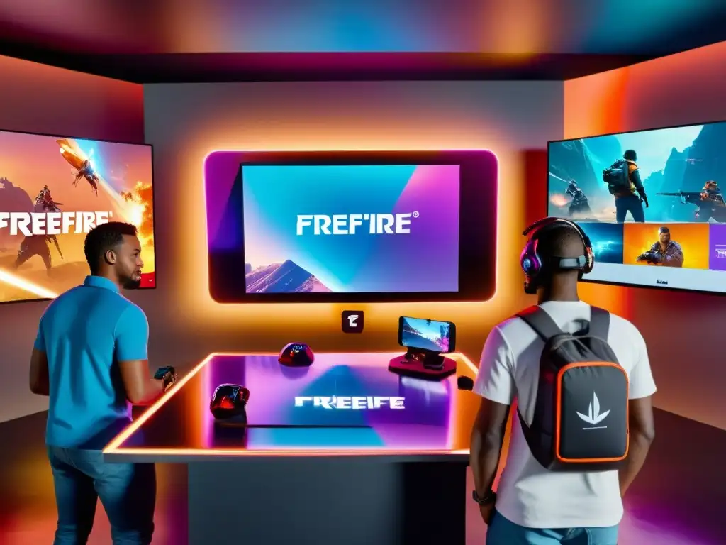 Jugadores unidos disfrutan del holograma de FreeFire Grupo diverso de jugadores unidos alrededor de un holograma futurista de FreeFire, mostrando la unificación de la experiencia de marca en diferentes dispositivos