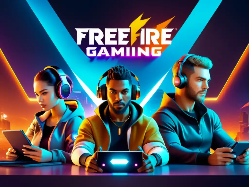 Jugadores de FreeFire en un entorno futurista de alta tecnología Grupo diverso de jugadores unidos en una experiencia de juego unificada en un entorno futurista de alta tecnología