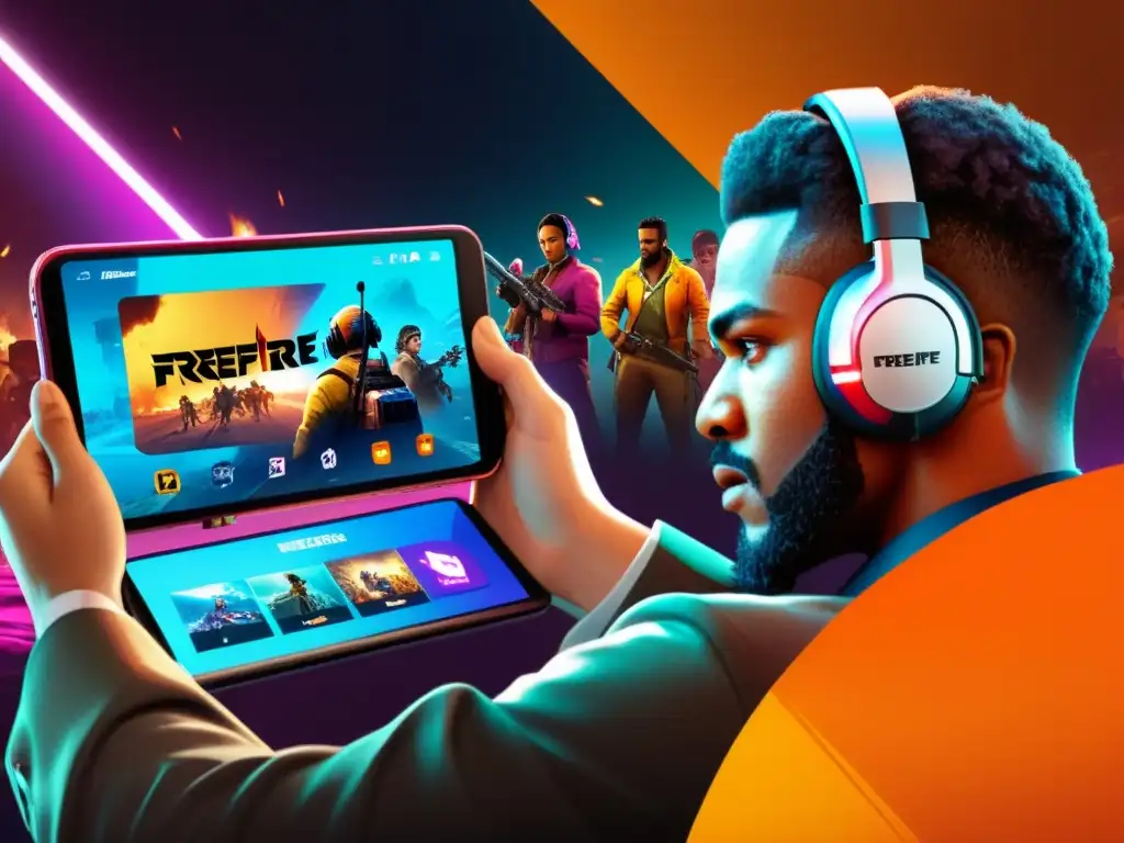 Intensa partida de FreeFire: Diversión y concentración en cada pantalla Un grupo diverso de personas disfruta la experiencia de juego de FreeFire en diferentes dispositivos, sumergidos en la emoción del juego
