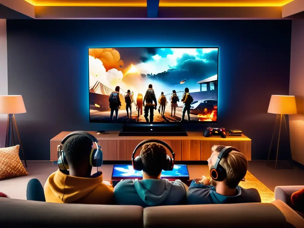 Intensa partida de Free Fire: jugadores enfocados en pantalla HD Un grupo de gamers disfruta intensamente de Free Fire frente a un televisor de alta definición