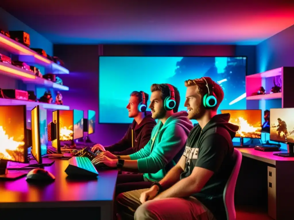 Batalla intensa de Free Fire: emoción y adrenalina Grupo de gamers inmersos en una batalla de Free Fire, con rostros iluminados por pantallas
