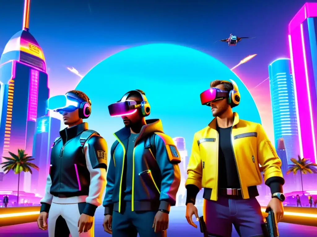 Jugadores de Free Fire en la ciudad futurista Un grupo de jugadores de Free Fire destaca en la ciudad futurista del 2023 con accesorios impresionantes y determinación para dominar