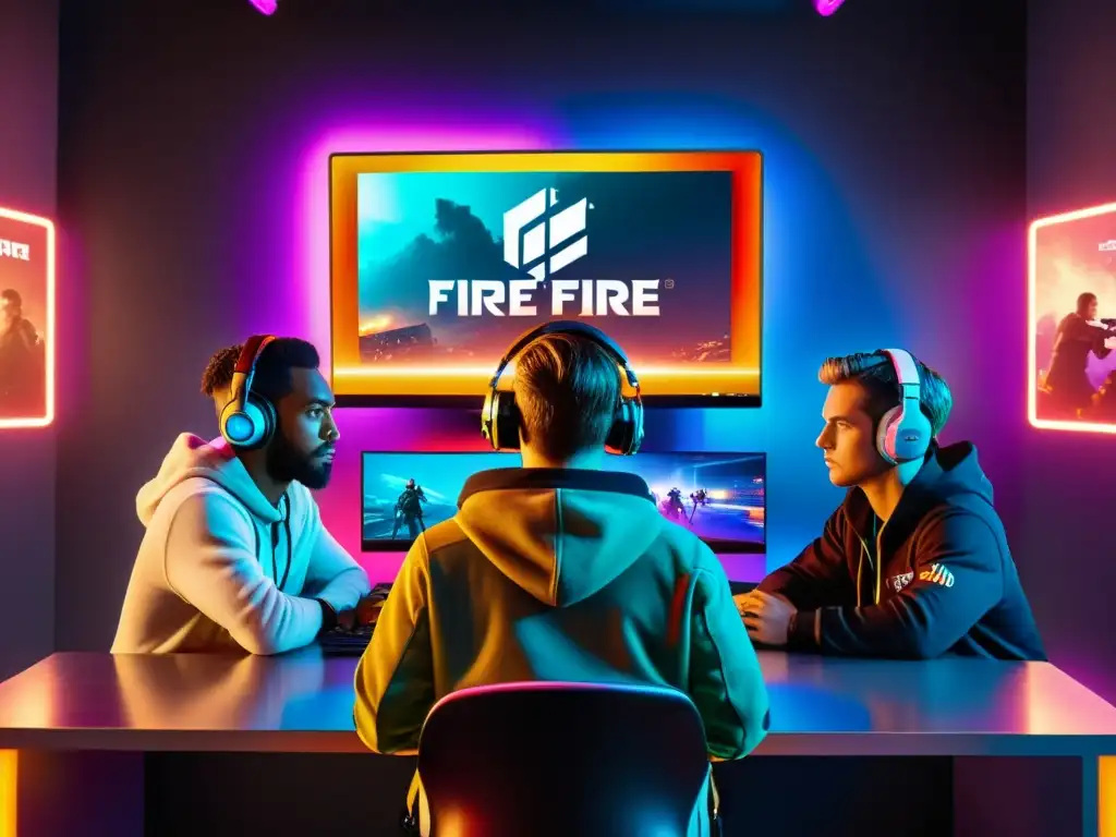 Intenso juego de Free Fire: Jugadores concentrados en la última actualización Grupo de jugadores concentrados en emocionante juego de Free Fire, en una sala con luces LED y accesorios de gaming